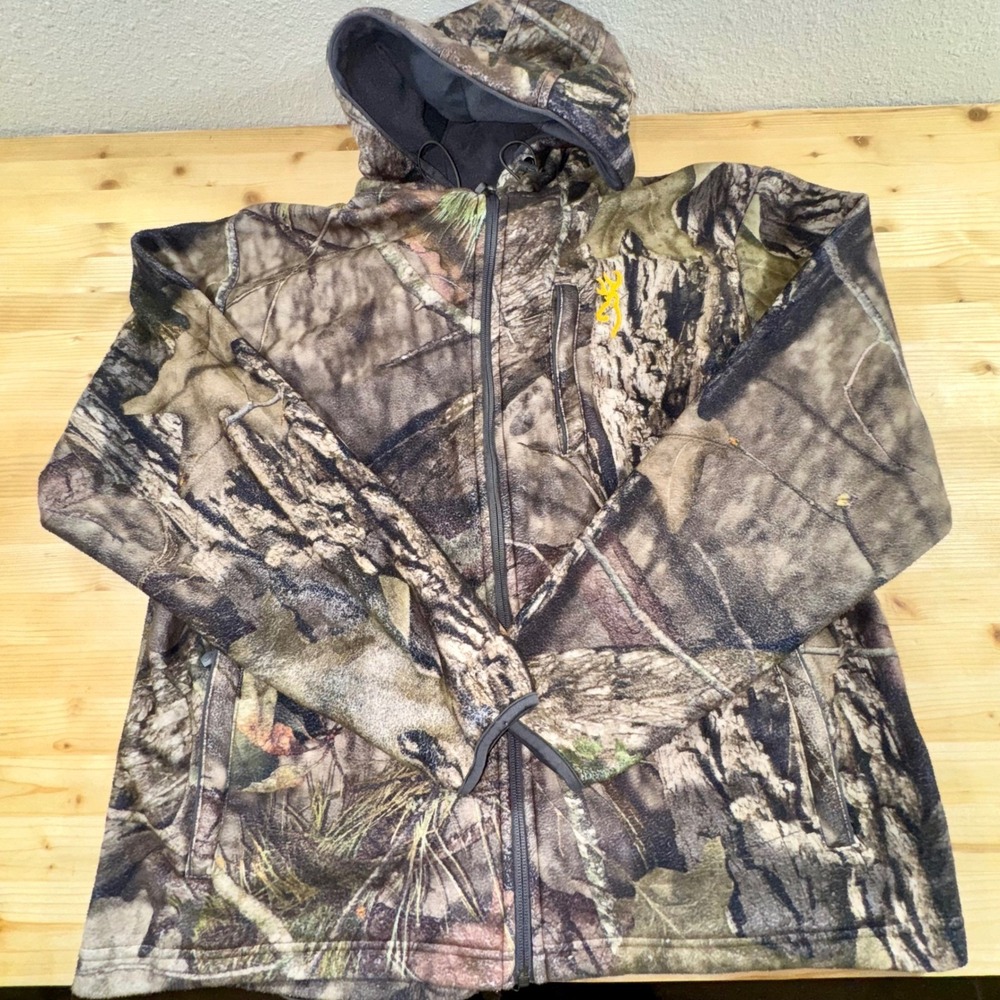 Browning Camo Fleece Hunting Jacket Full Zip Hooded Outdoorsman XL Y2K